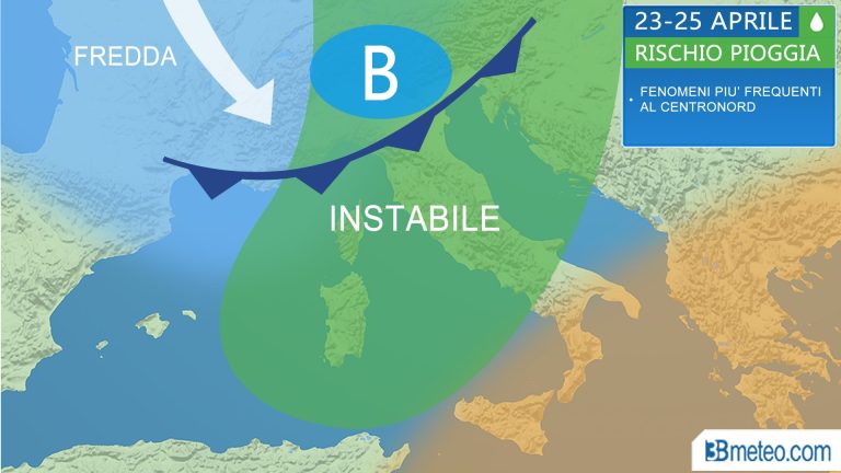 METEO – Piogge e temporali con aria più fredda per il ponte del 25 aprile