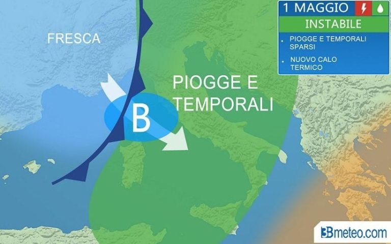 Week-end 1 maggio con nuova perturbazione che porterà  acquazzoni e aria più fredda